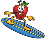 Clip art Graphic of a Red Apple Cartoon Character Surfing on a Blue and Yellow Surfboard