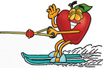 Clip art Graphic of a Red Apple Cartoon Character Waving While Water Skiing