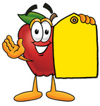 Clip art Graphic of a Red Apple Cartoon Character Holding a Yellow Sales Price Tag