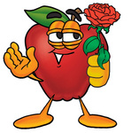 Clip art Graphic of a Red Apple Cartoon Character Holding a Red Rose on Valentines Day
