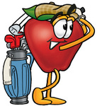 Clip art Graphic of a Red Apple Cartoon Character Swinging His Golf Club While Golfing