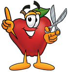 Clip art Graphic of a Red Apple Cartoon Character Holding a Pair of Scissors