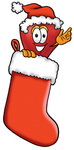Clip art Graphic of a Red Apple Cartoon Character Wearing a Santa Hat Inside a Red Christmas Stocking