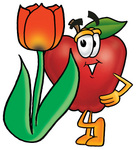Clip art Graphic of a Red Apple Cartoon Character With a Red Tulip Flower in the Spring