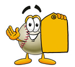 Clip art Graphic of a Baseball Cartoon Character Holding a Yellow Sales Price Tag