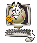 Clip art Graphic of a Baseball Cartoon Character Waving From Inside a Computer Screen