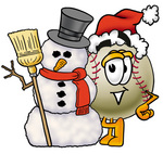 Clip art Graphic of a Baseball Cartoon Character With a Snowman on Christmas