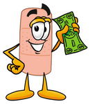 Clip art Graphic of a Bandaid Bandage Cartoon Character Holding a Dollar Bill