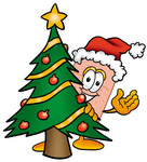 Clip art Graphic of a Bandaid Bandage Cartoon Character Waving and Standing by a Decorated Christmas Tree