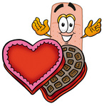 Clip art Graphic of a Bandaid Bandage Cartoon Character With an Open Box of Valentines Day Chocolate Candies