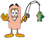 Clip art Graphic of a Bandaid Bandage Cartoon Character Holding a Fish on a Fishing Pole