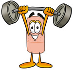 Clip art Graphic of a Bandaid Bandage Cartoon Character Holding a Heavy Barbell Above His Head