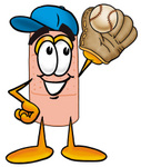 Clip art Graphic of a Bandaid Bandage Cartoon Character Catching a Baseball With a Glove