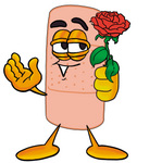 Clip art Graphic of a Bandaid Bandage Cartoon Character Holding a Red Rose on Valentines Day