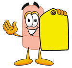 Clip art Graphic of a Bandaid Bandage Cartoon Character Holding a Yellow Sales Price Tag
