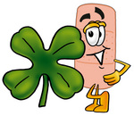 Clip art Graphic of a Bandaid Bandage Cartoon Character With a Green Four Leaf Clover on St Paddy’s or St Patricks Day