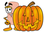 Clip art Graphic of a Bandaid Bandage Cartoon Character With a Carved Halloween Pumpkin