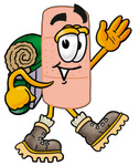 Clip art Graphic of a Bandaid Bandage Cartoon Character Hiking and Carrying a Backpack