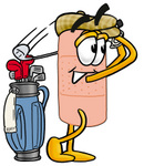 Clip art Graphic of a Bandaid Bandage Cartoon Character Swinging His Golf Club While Golfing
