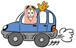 Clip art Graphic of a Bandaid Bandage Cartoon Character Driving a Blue Car and Waving