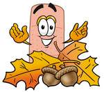 Clip art Graphic of a Bandaid Bandage Cartoon Character With Autumn Leaves and Acorns in the Fall