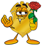 Clip art Graphic of a Gold Law Enforcement Police Badge Cartoon Character Holding a Red Rose on Valentines Day