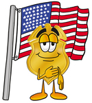 Clip art Graphic of a Gold Law Enforcement Police Badge Cartoon Character Pledging Allegiance to an American Flag