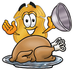 Clip art Graphic of a Gold Law Enforcement Police Badge Cartoon Character Serving a Thanksgiving Turkey on a Platter