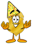 Clip art Graphic of a Gold Law Enforcement Police Badge Cartoon Character Wearing a Birthday Party Hat