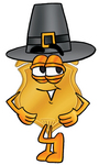 Clip art Graphic of a Gold Law Enforcement Police Badge Cartoon Character Wearing a Pilgrim Hat on Thanksgiving