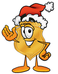 Clip art Graphic of a Gold Law Enforcement Police Badge Cartoon Character Wearing a Santa Hat and Waving