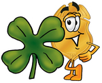 Clip art Graphic of a Gold Law Enforcement Police Badge Cartoon Character With a Green Four Leaf Clover on St Paddy’s or St Patricks Day