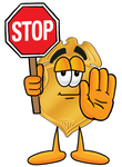 Clip art Graphic of a Gold Law Enforcement Police Badge Cartoon Character Holding a Stop Sign