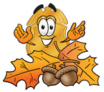 Clip art Graphic of a Gold Law Enforcement Police Badge Cartoon Character With Autumn Leaves and Acorns in the Fall
