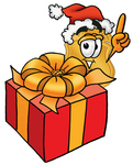 Clip art Graphic of a Gold Law Enforcement Police Badge Cartoon Character Standing by a Christmas Present
