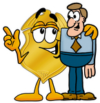 Clip art Graphic of a Gold Law Enforcement Police Badge Cartoon Character Talking to a Business Man