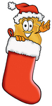 Clip art Graphic of a Gold Law Enforcement Police Badge Cartoon Character Wearing a Santa Hat Inside a Red Christmas Stocking