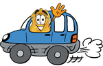 Clip art Graphic of a Gold Law Enforcement Police Badge Cartoon Character Driving a Blue Car and Waving