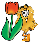 Clip art Graphic of a Gold Law Enforcement Police Badge Cartoon Character With a Red Tulip Flower in the Spring