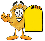 Clip art Graphic of a Gold Law Enforcement Police Badge Cartoon Character Holding a Yellow Sales Price Tag