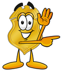 Clip art Graphic of a Gold Law Enforcement Police Badge Cartoon Character Waving and Pointing