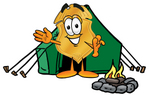 Clip art Graphic of a Gold Law Enforcement Police Badge Cartoon Character Camping With a Tent and Fire