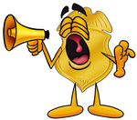 Clip art Graphic of a Gold Law Enforcement Police Badge Cartoon Character Screaming Into a Megaphone