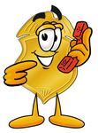 Clip art Graphic of a Gold Law Enforcement Police Badge Cartoon Character Holding a Telephone