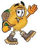 Clip art Graphic of a Gold Law Enforcement Police Badge Cartoon Character Hiking and Carrying a Backpack