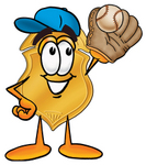 Clip art Graphic of a Gold Law Enforcement Police Badge Cartoon Character Catching a Baseball With a Glove
