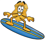 Clip art Graphic of a Gold Law Enforcement Police Badge Cartoon Character Surfing on a Blue and Yellow Surfboard