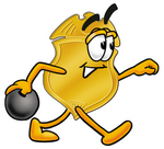 Clip art Graphic of a Gold Law Enforcement Police Badge Cartoon Character Holding a Bowling Ball