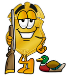Clip art Graphic of a Gold Law Enforcement Police Badge Cartoon Character Duck Hunting, Standing With a Rifle and Duck
