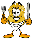 Clip art Graphic of a Gold Law Enforcement Police Badge Cartoon Character Holding a Knife and Fork